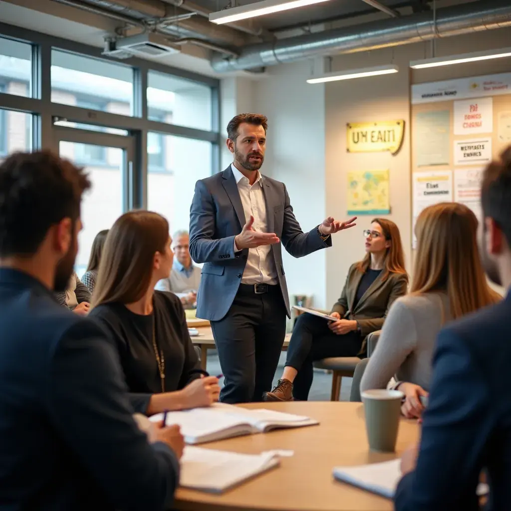Team von Beratern, das an einem runden Tisch Strategien diskutiert.